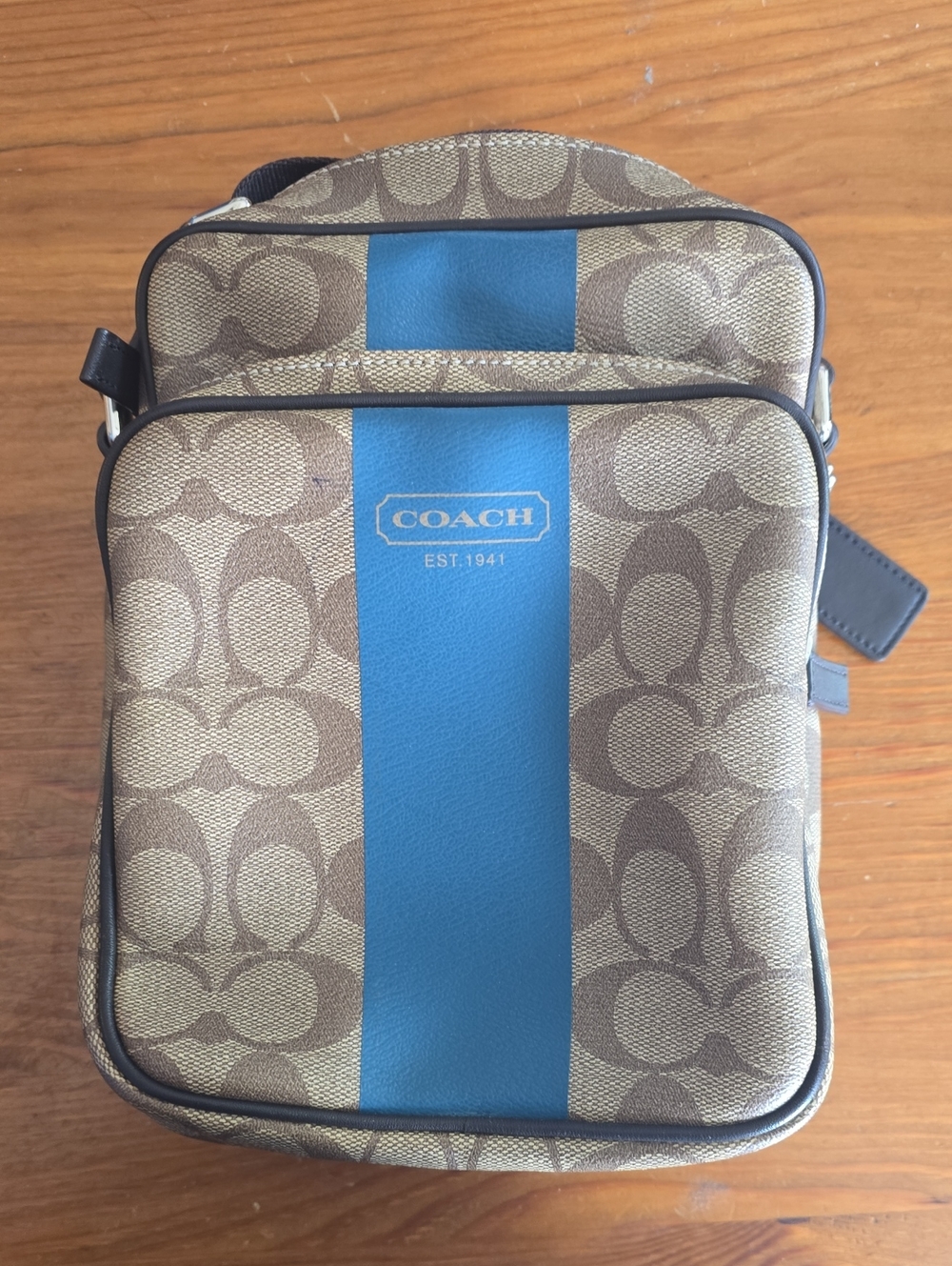 Coach Men’s Signature Canvas Messenger Bag in Brown with Blue Stripe